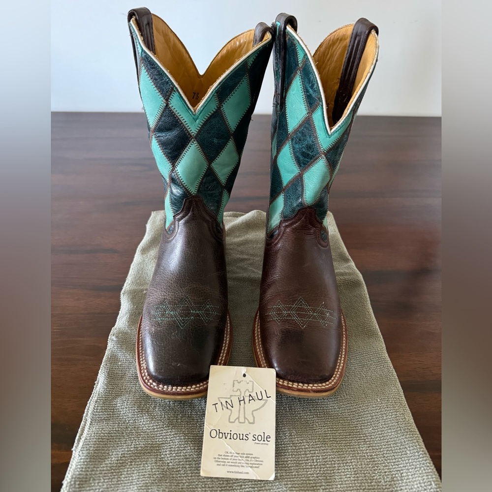 TIN HAUL Its a Hoot teal/aqua diamond pattern leather cowgirl boots 7.5. NEW!